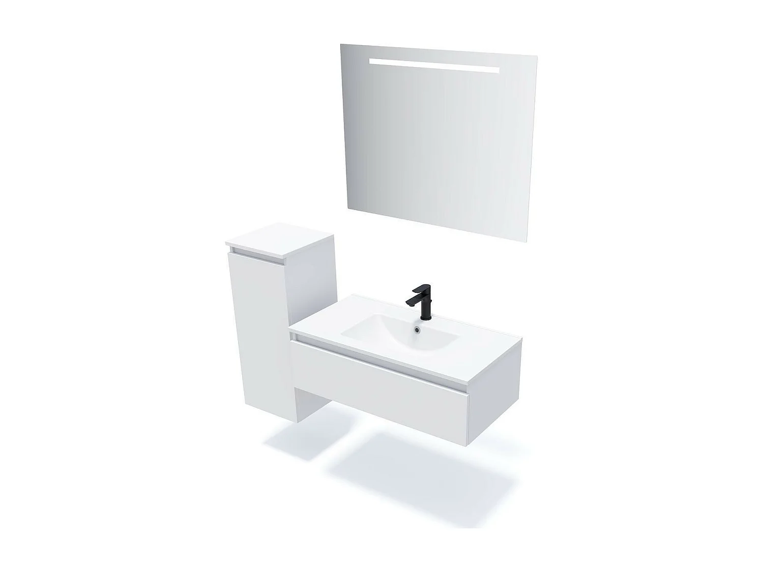 Meuble de salle de bain suspendu vasque intégrée 90cm 1 tiroir Blanc + miroir - Hudson