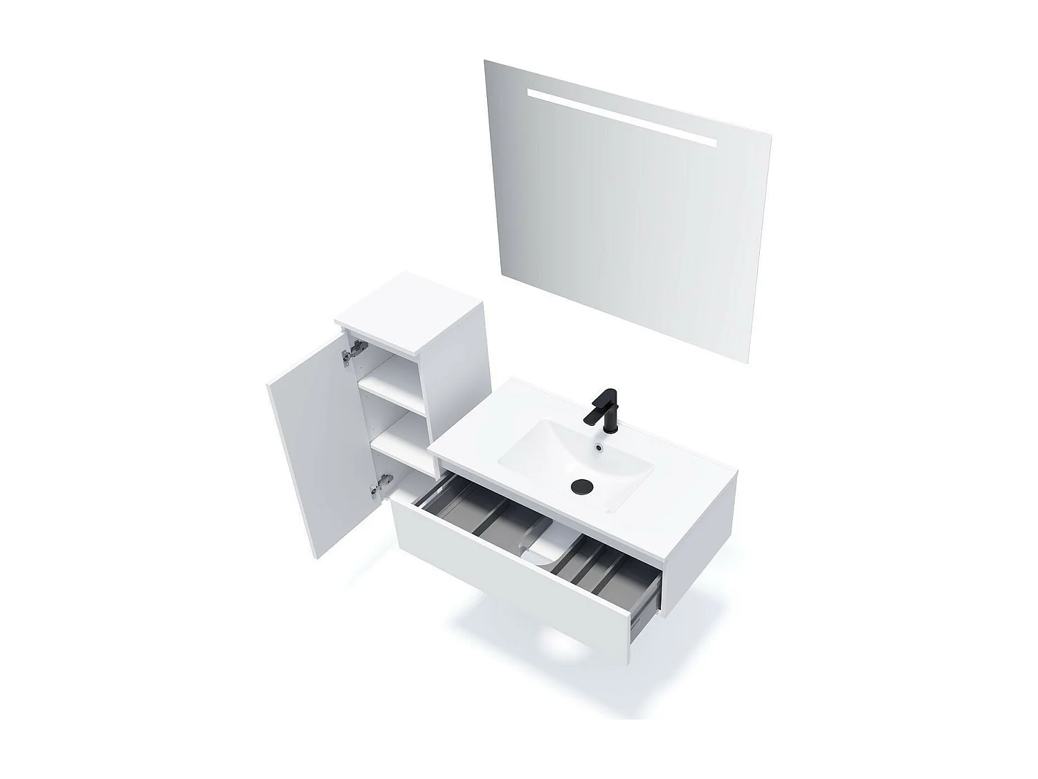 Meuble de salle de bain suspendu vasque intégrée 90cm 1 tiroir Blanc + miroir - Hudson