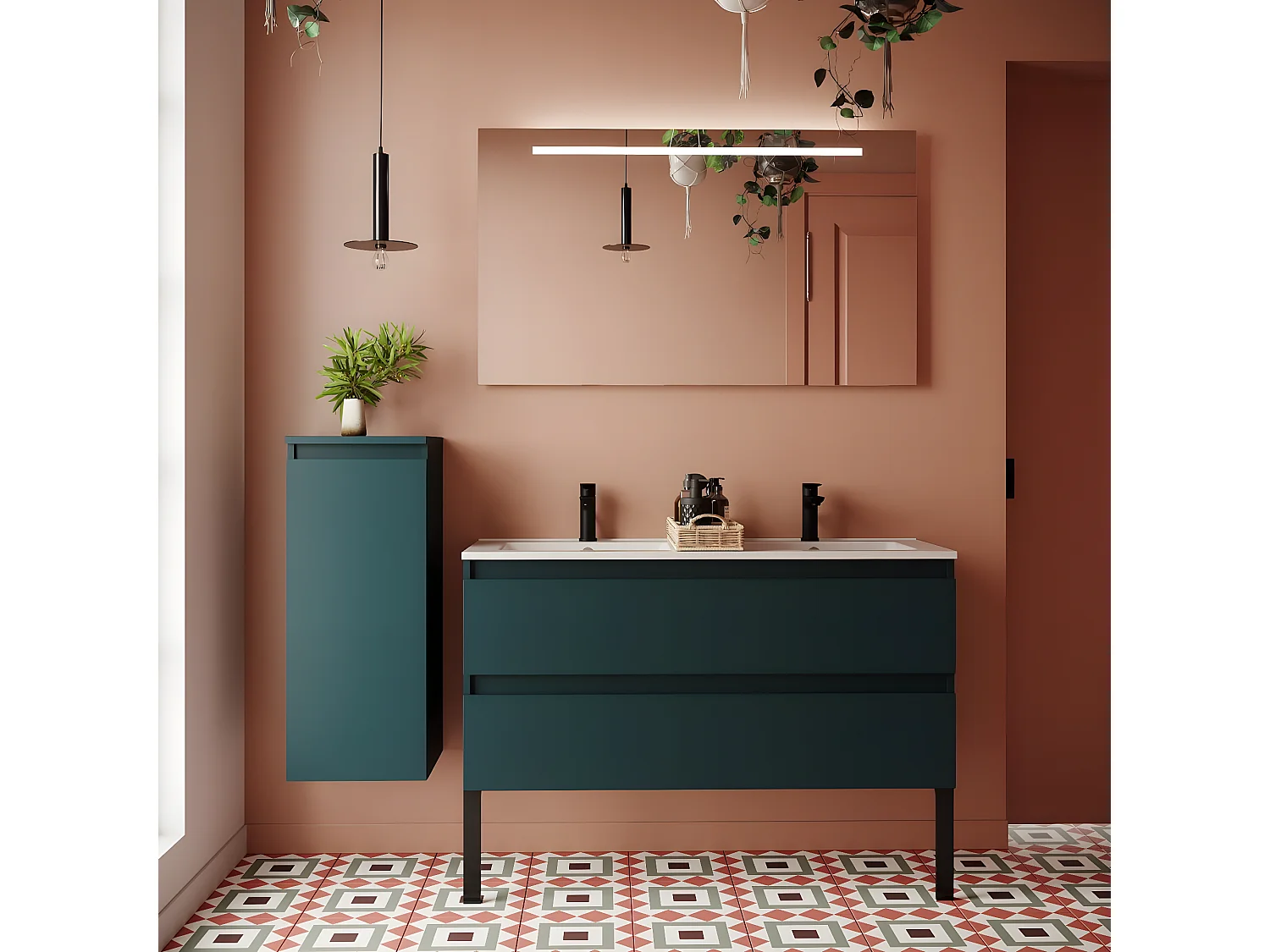 Meuble de salle de bain suspendu double vasque intégrée 120cm 2 tiroirs Bleu + miroir - Hudson