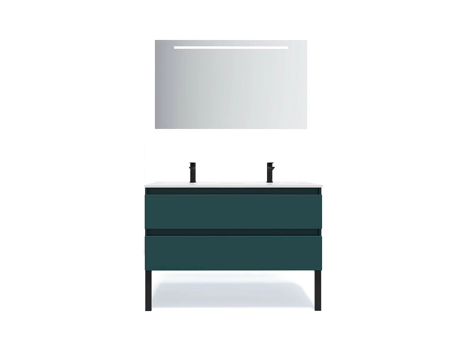 Meuble de salle de bain suspendu double vasque intégrée 120cm 2 tiroirs Bleu + miroir - Hudson