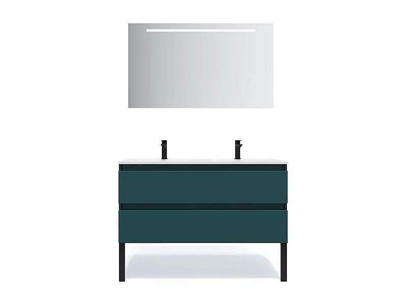 Meuble de salle de bain suspendu double vasque intégrée 120cm 2 tiroirs Bleu + miroir - Hudson