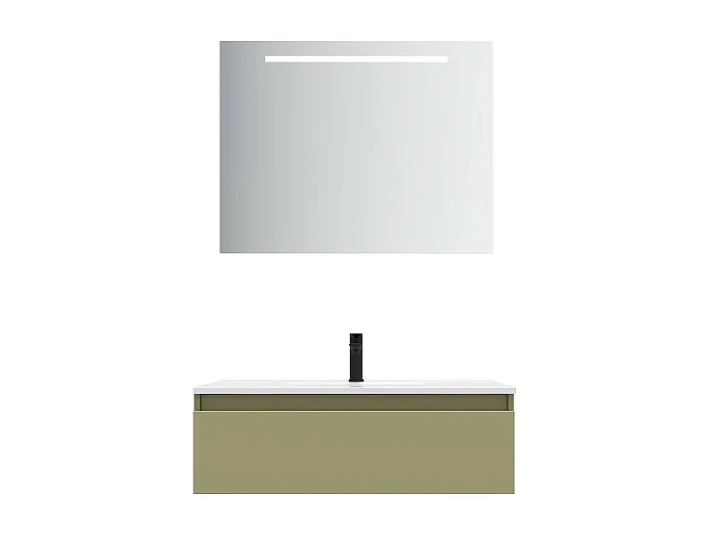Meuble de salle de bain suspendu vasque intégrée 90cm 1 tiroir Vert olive + miroir - Hudson