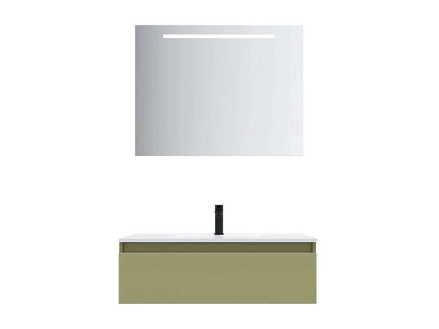 Meuble de salle de bain suspendu vasque intégrée 90cm 1 tiroir Vert olive + miroir - Hudson