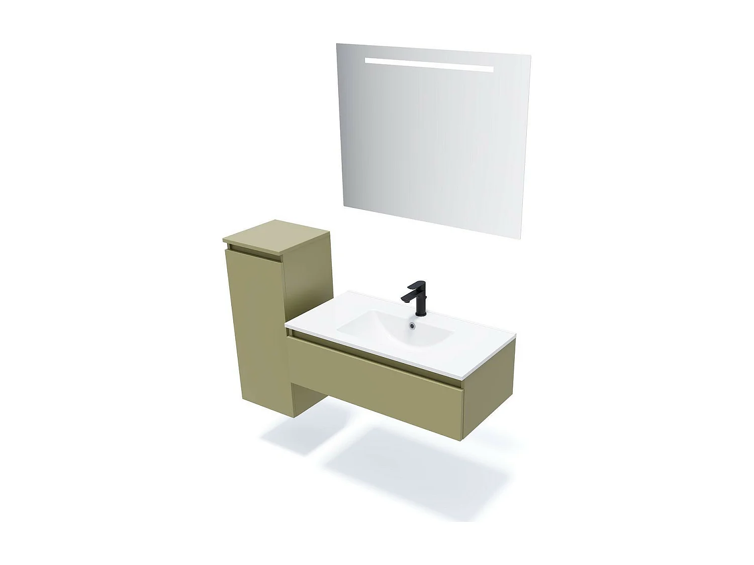 Meuble de salle de bain suspendu vasque intégrée 90cm 1 tiroir Vert olive + miroir - Hudson