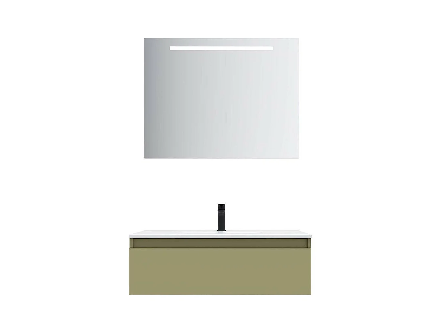 Meuble de salle de bain suspendu vasque intégrée 90cm 1 tiroir Vert olive + miroir - Hudson