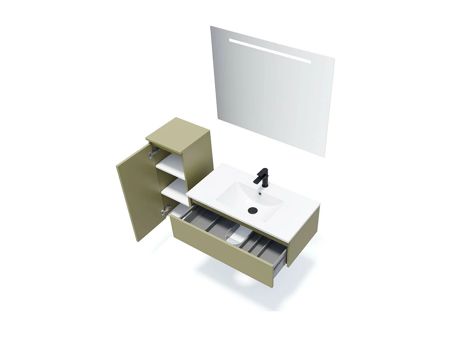 Meuble de salle de bain suspendu vasque intégrée 90cm 1 tiroir Vert olive + miroir - Hudson