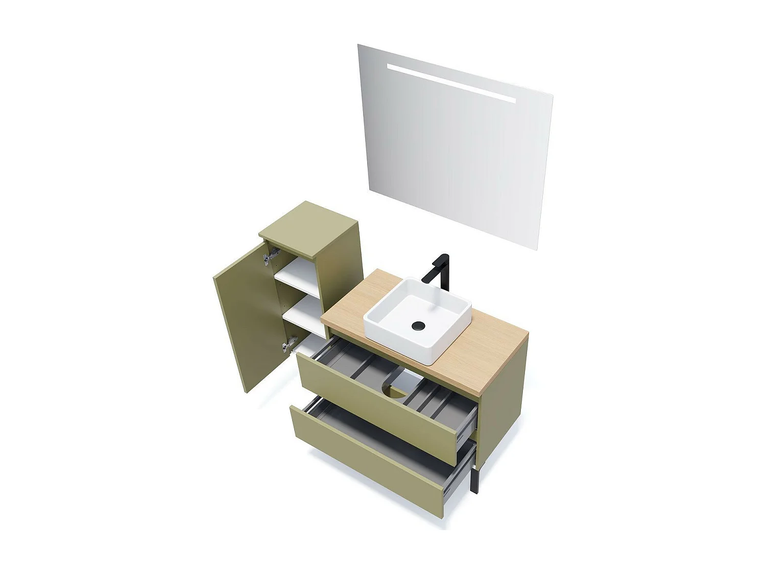 Meuble de salle de bain suspendu vasque à poser 90cm 2 tiroirs Vert olive + miroir - Hudson