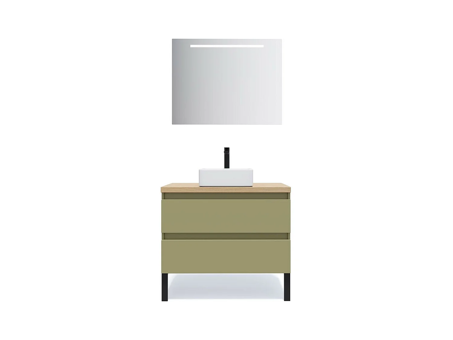 Meuble de salle de bain suspendu vasque à poser 90cm 2 tiroirs Vert olive + miroir - Hudson