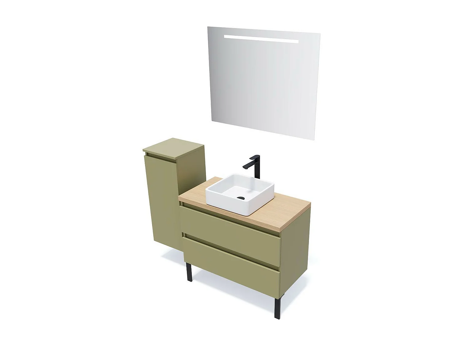 Meuble de salle de bain suspendu vasque à poser 90cm 2 tiroirs Vert olive + miroir - Hudson