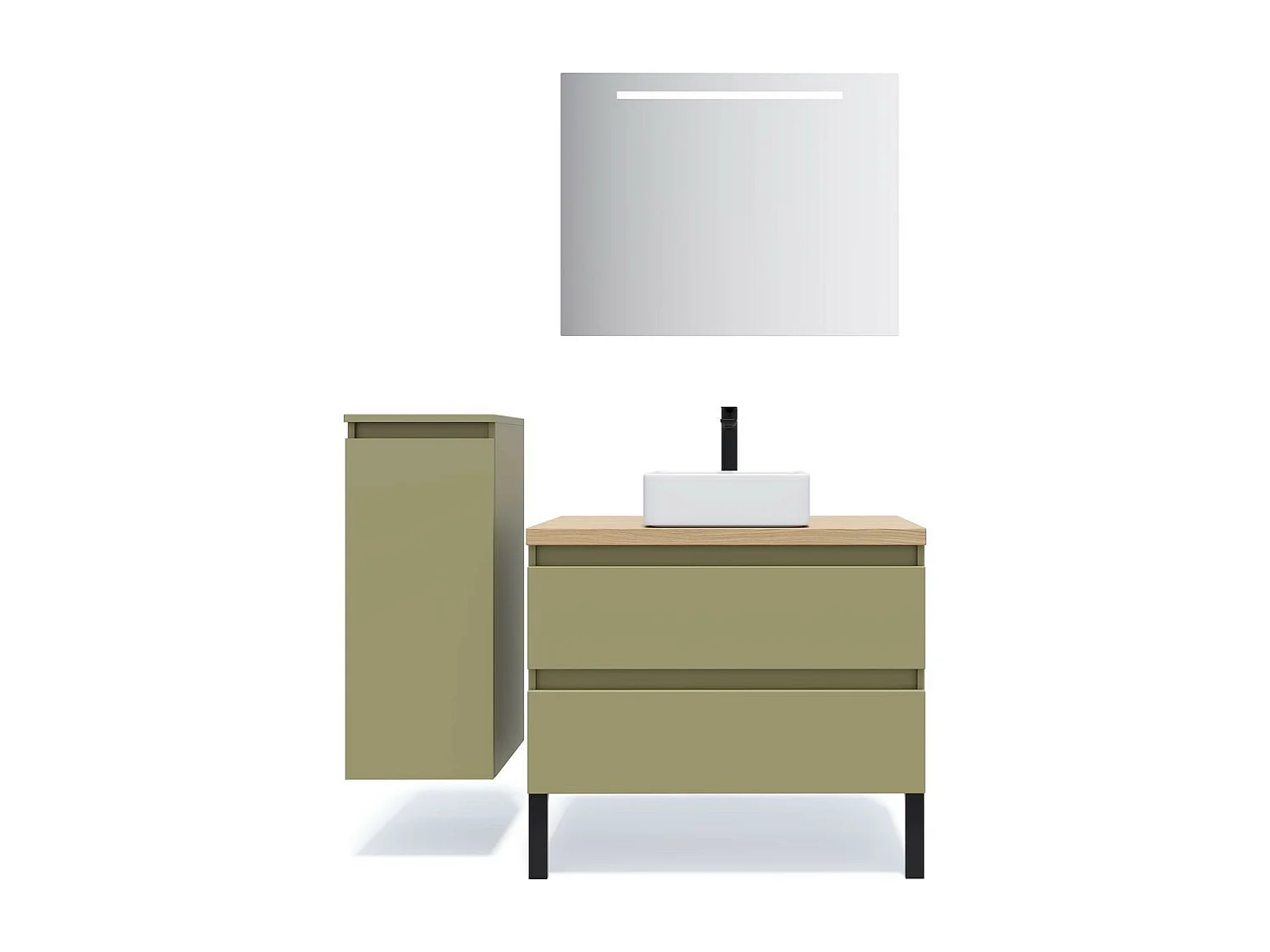 Meuble de salle de bain suspendu vasque à poser 90cm 2 tiroirs Vert olive + miroir - Hudson