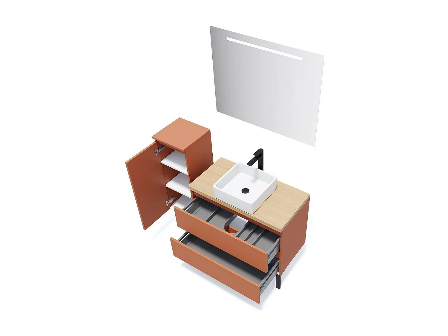 Meuble de salle de bain suspendu vasque à poser 90cm 2 tiroirs Terracotta + miroir - Hudson