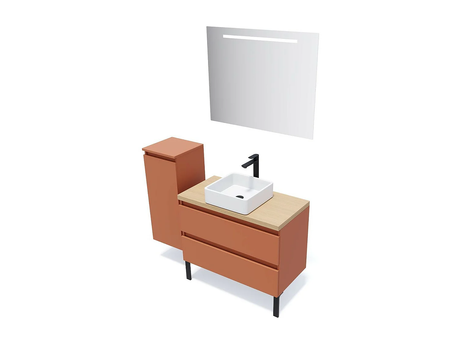 Meuble de salle de bain suspendu vasque à poser 90cm 2 tiroirs Terracotta + miroir - Hudson