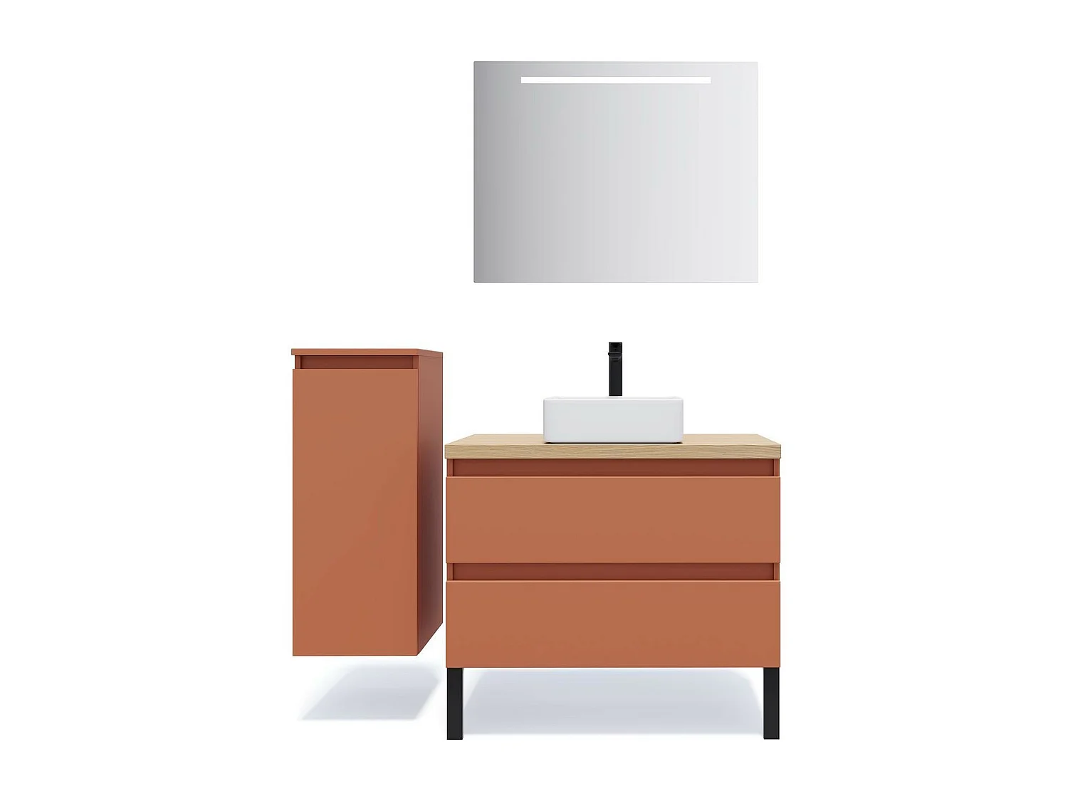 Meuble de salle de bain suspendu vasque à poser 90cm 2 tiroirs Terracotta + miroir - Hudson