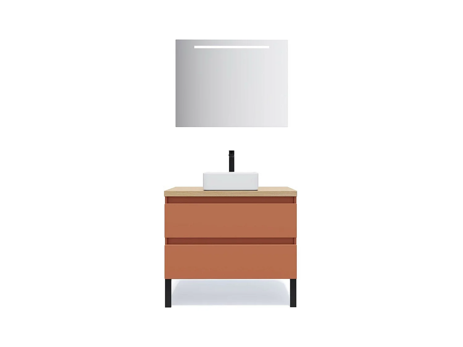 Meuble de salle de bain suspendu vasque à poser 90cm 2 tiroirs Terracotta + miroir - Hudson