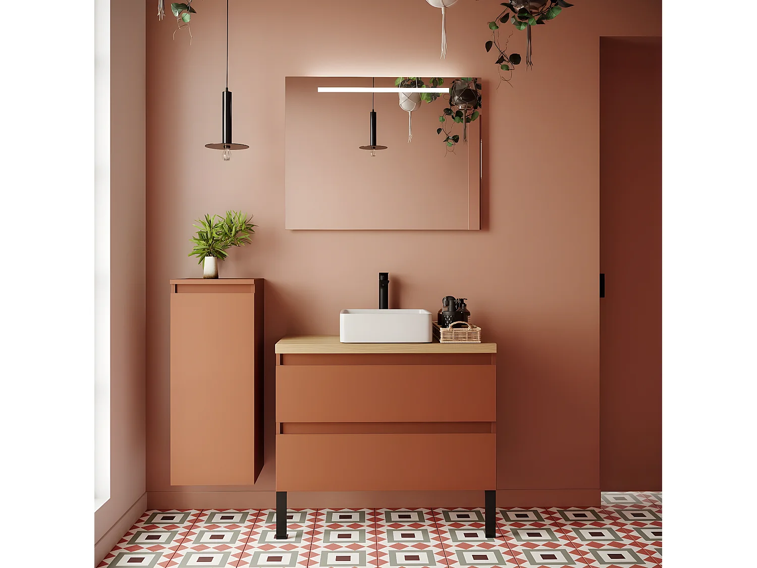 Meuble de salle de bain suspendu vasque à poser 90cm 2 tiroirs Terracotta + miroir - Hudson