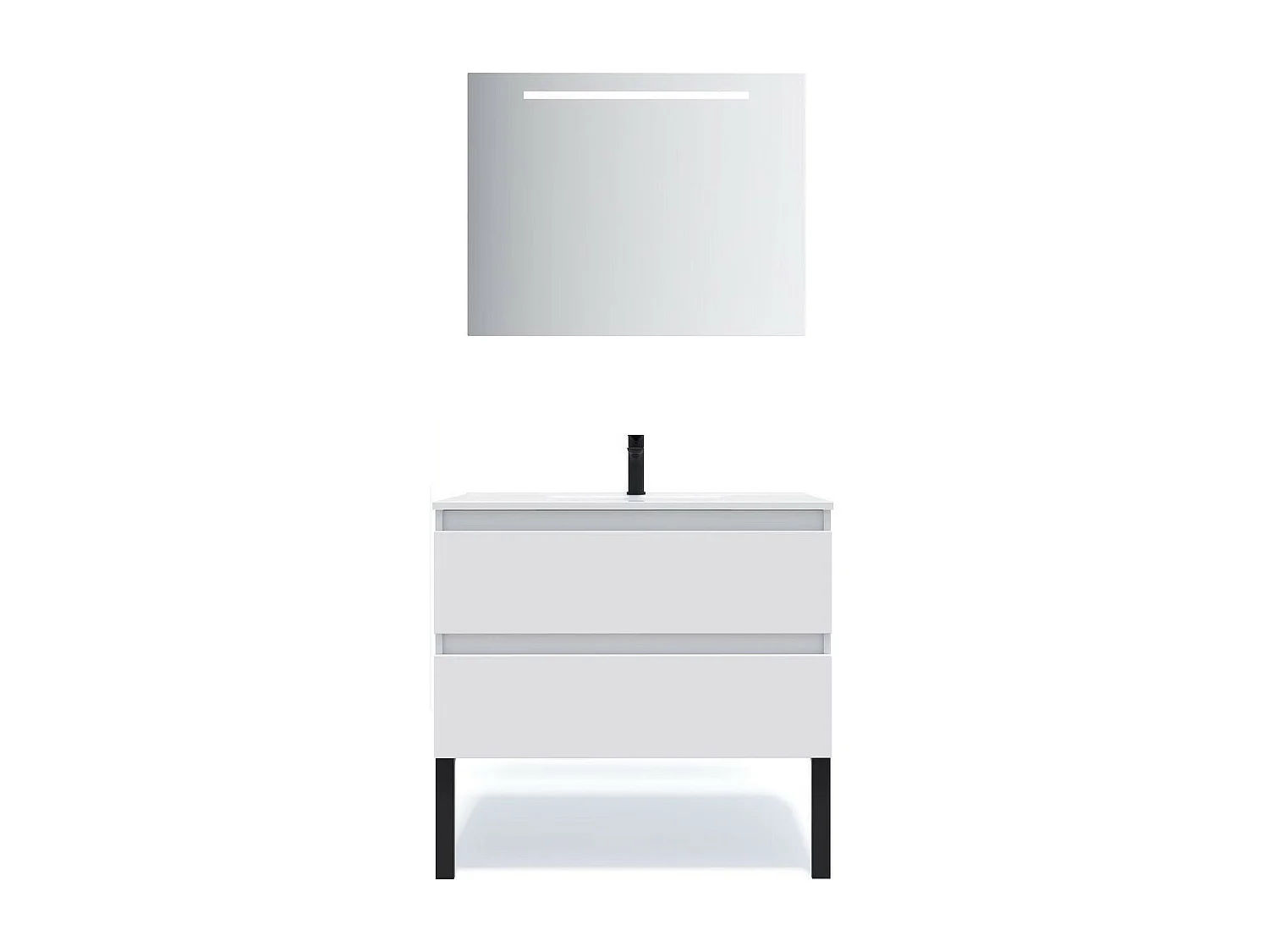 Meuble de salle de bain suspendu vasque intégrée 90cm 2 tiroirs Blanc + miroir - Hudson