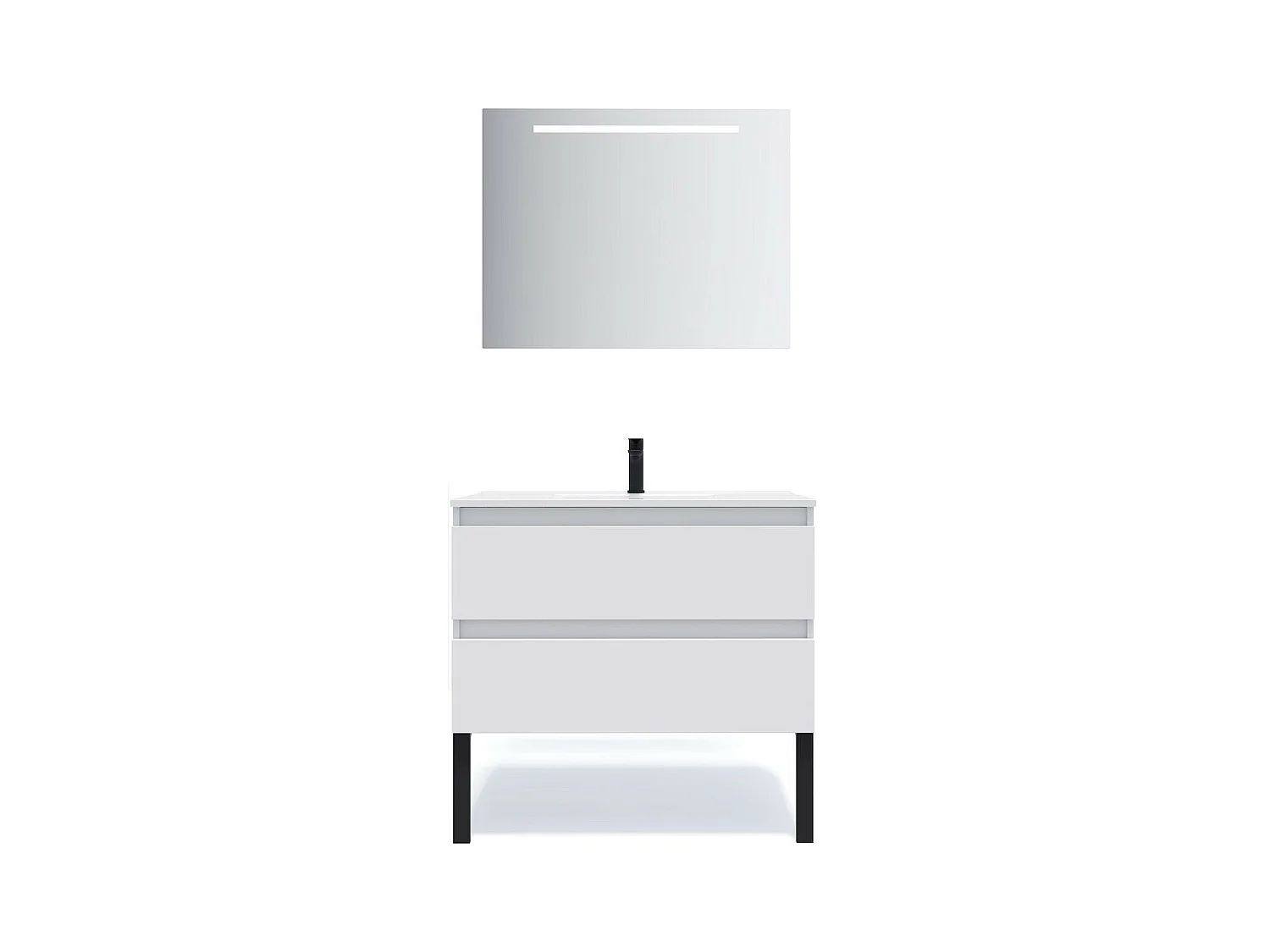 Meuble de salle de bain suspendu vasque intégrée 90cm 2 tiroirs Blanc + miroir - Hudson