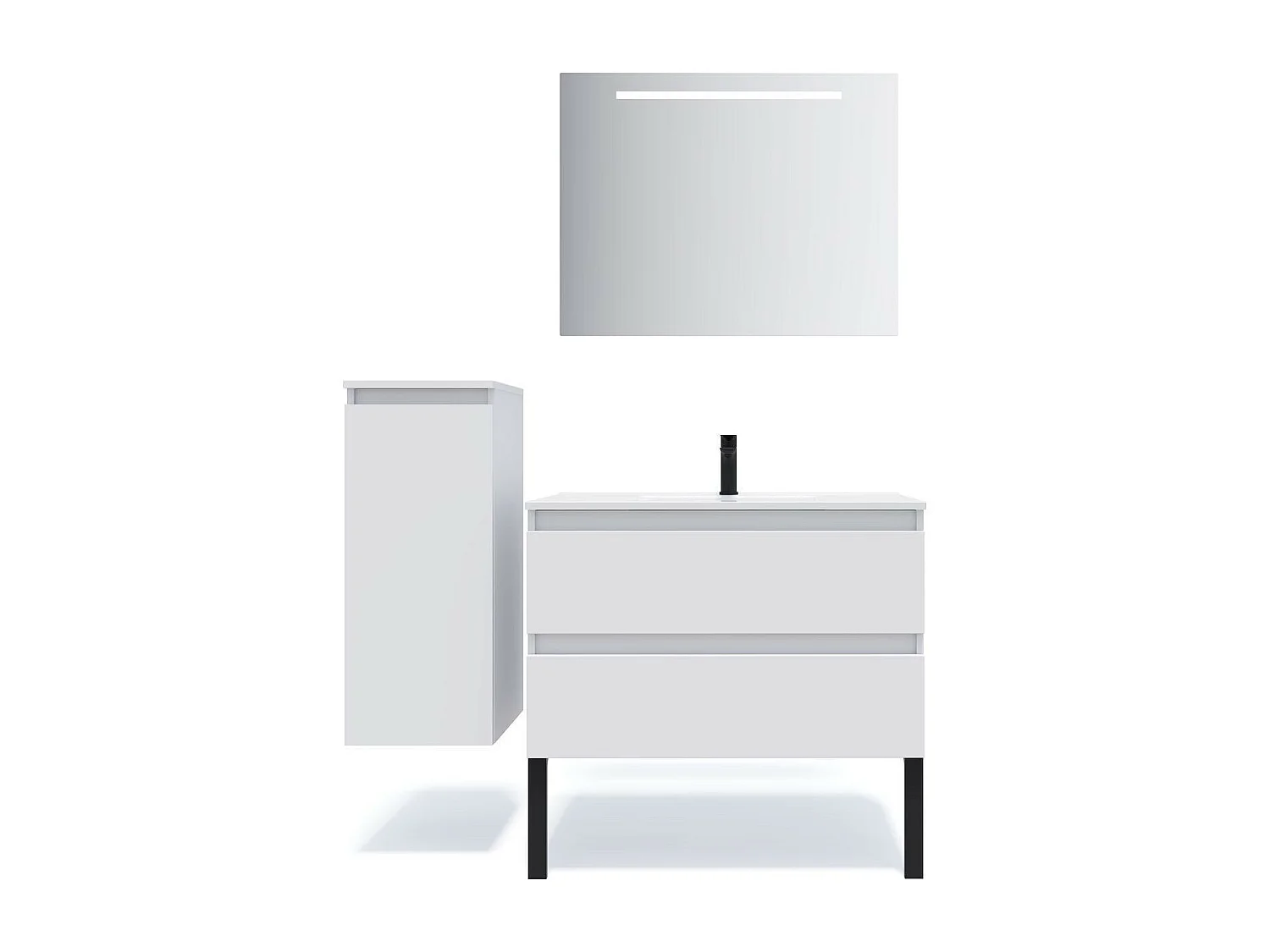 Meuble de salle de bain suspendu vasque intégrée 90cm 2 tiroirs Blanc + miroir - Hudson