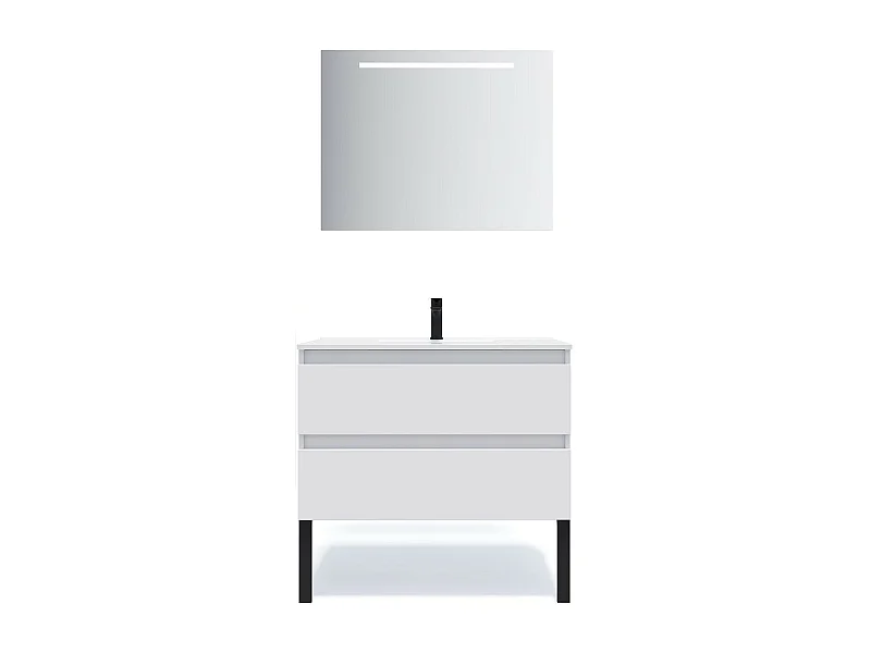 Meuble de salle de bain suspendu vasque intégrée 90cm 2 tiroirs Blanc + miroir - Hudson