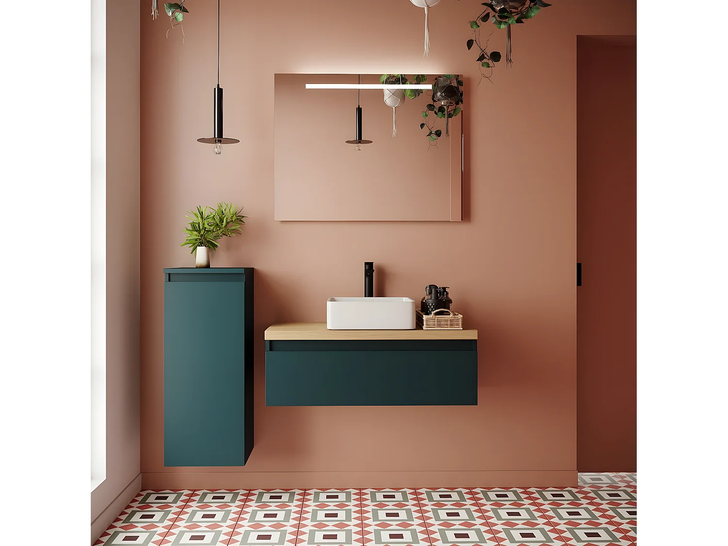 Meuble de salle de bain suspendu vasque à poser 90cm 1 tiroir Bleu + miroir - Hudson