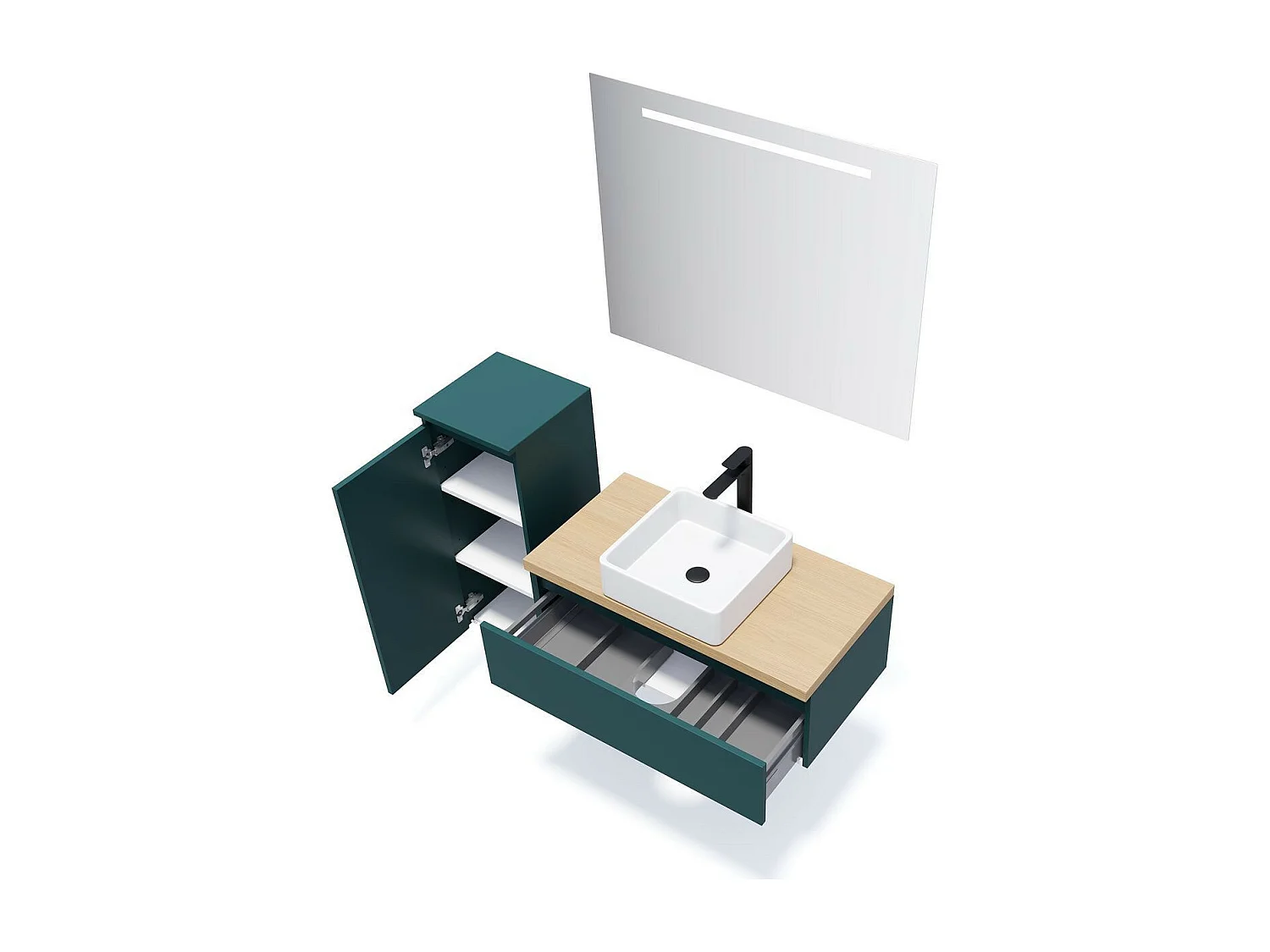 Meuble de salle de bain suspendu vasque à poser 90cm 1 tiroir Bleu + miroir - Hudson