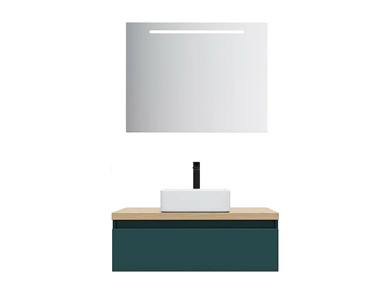 Meuble de salle de bain suspendu vasque à poser 90cm 1 tiroir Bleu + miroir - Hudson