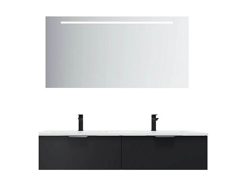 Meuble de salle de bain suspendu double vasque intégrée 140cm 2 tiroirs Noir + miroir - Soho