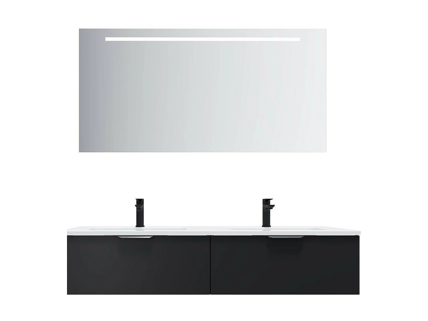 Meuble de salle de bain suspendu double vasque intégrée 140cm 2 tiroirs Noir + miroir - Soho