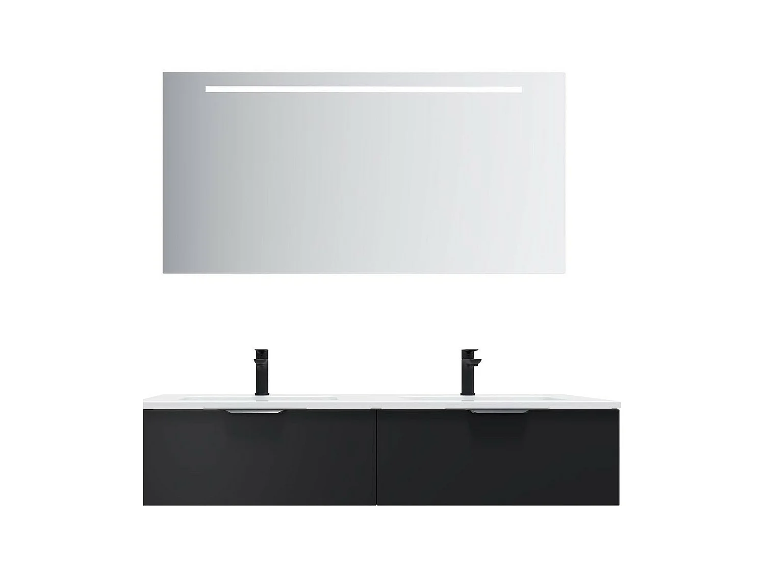 Meuble de salle de bain suspendu double vasque intégrée 140cm 2 tiroirs Noir + miroir - Soho