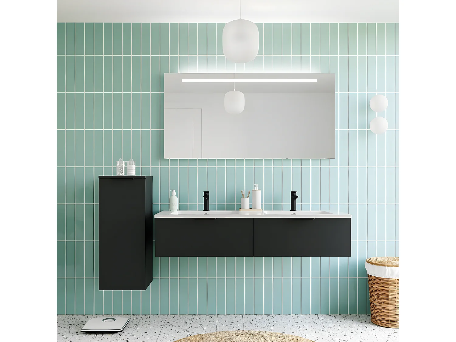 Meuble de salle de bain suspendu double vasque intégrée 140cm 2 tiroirs Noir + miroir - Soho