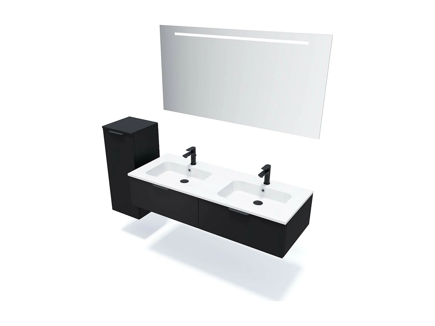 Meuble de salle de bain suspendu double vasque intégrée 140cm 2 tiroirs Noir + miroir - Soho