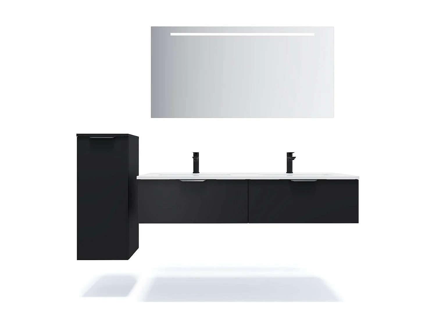 Meuble de salle de bain suspendu double vasque intégrée 140cm 2 tiroirs Noir + miroir - Soho