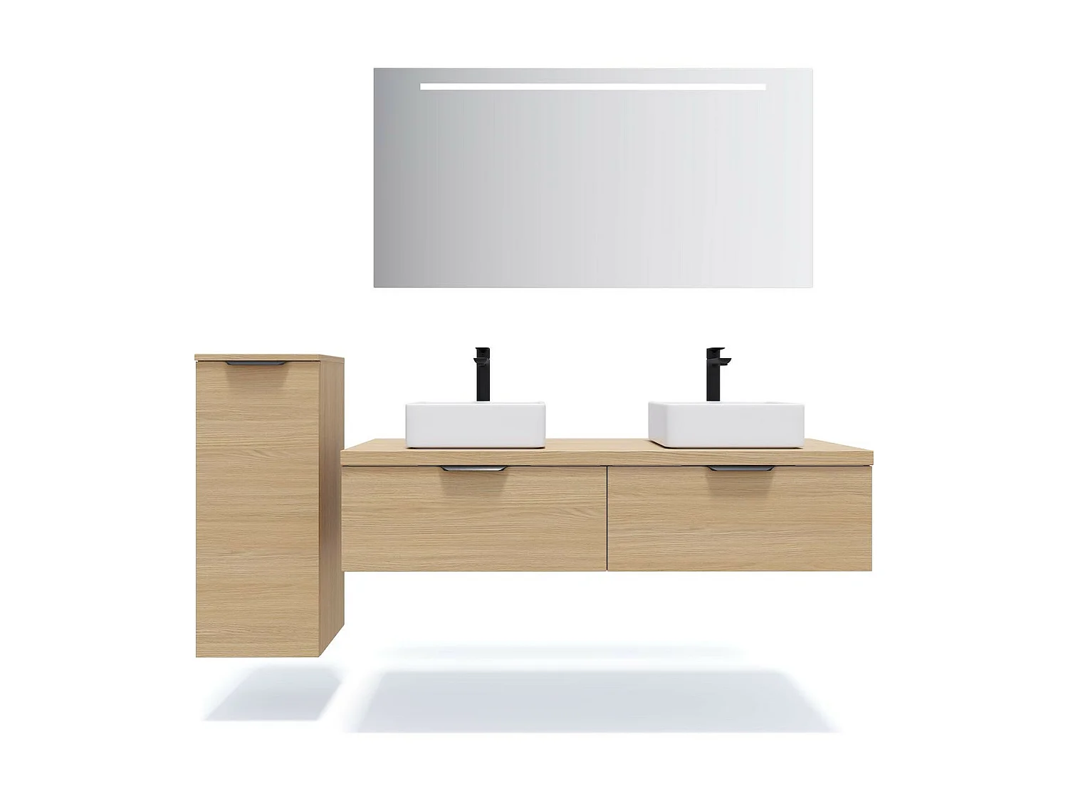 Meuble de salle de bain suspendu 2 vasques à poser 140cm 2 tiroirs Chêne clair + miroir - Soho