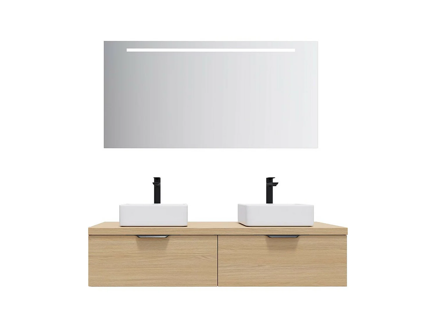 Meuble de salle de bain suspendu 2 vasques à poser 140cm 2 tiroirs Chêne clair + miroir - Soho
