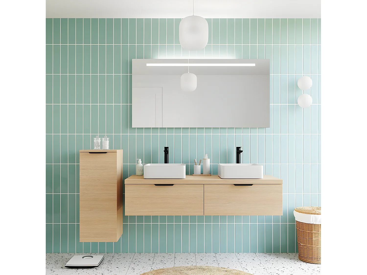 Meuble de salle de bain suspendu 2 vasques à poser 140cm 2 tiroirs Chêne clair + miroir - Soho