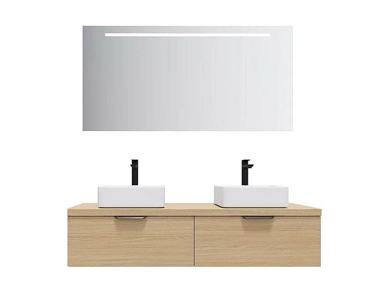 Meuble de salle de bain suspendu 2 vasques à poser 140cm 2 tiroirs Chêne clair + miroir - Soho
