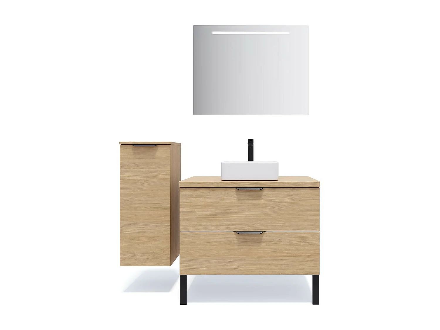 Meuble de salle de bain suspendu vasque à poser 90cm 2 tiroirs Chêne clair + miroir - Soho