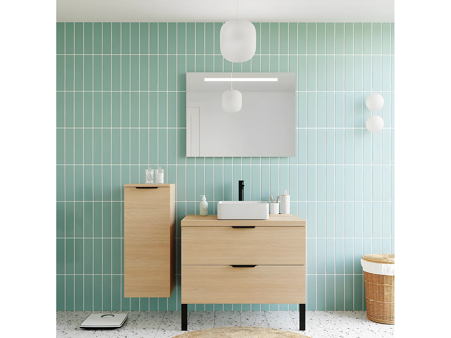 Meuble de salle de bain suspendu vasque à poser 90cm 2 tiroirs Chêne clair + miroir - Soho