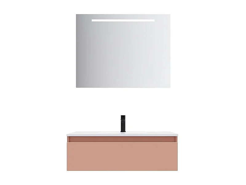 Meuble de salle de bain suspendu vasque intégrée 90cm 1 tiroir Abricot + miroir - Hudson