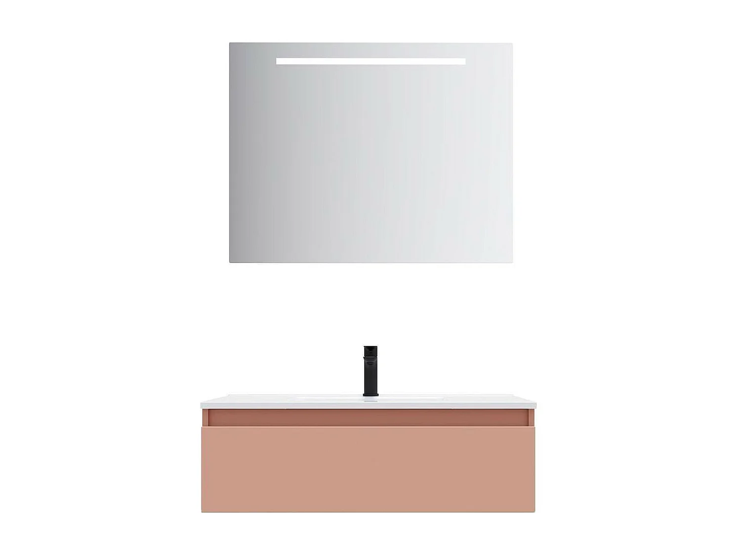 Meuble de salle de bain suspendu vasque intégrée 90cm 1 tiroir Abricot + miroir - Hudson