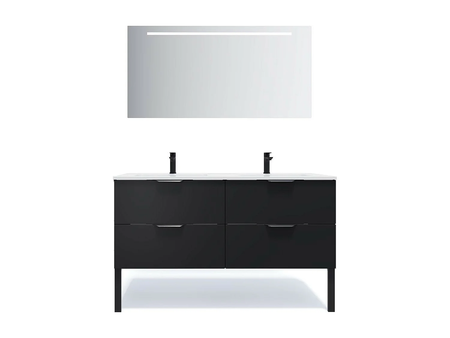 Meuble de salle de bain suspendu double vasque intégrée 140cm 4 tiroirs Noir + miroir - Soho