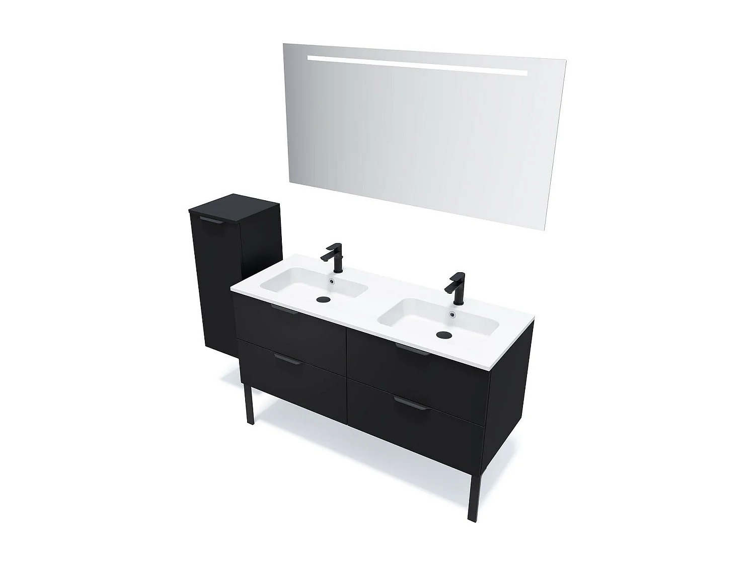 Meuble de salle de bain suspendu double vasque intégrée 140cm 4 tiroirs Noir + miroir - Soho