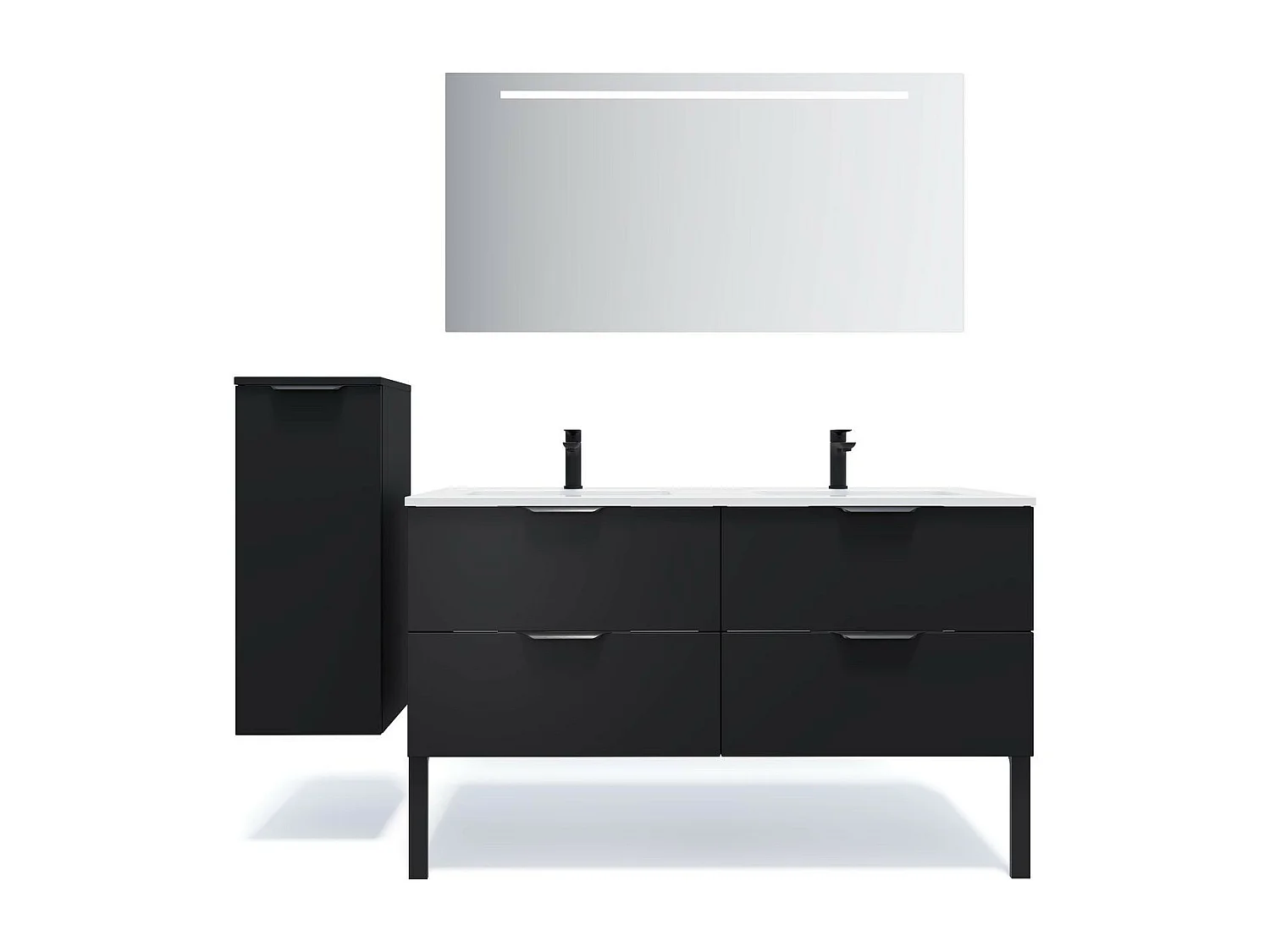 Meuble de salle de bain suspendu double vasque intégrée 140cm 4 tiroirs Noir + miroir - Soho