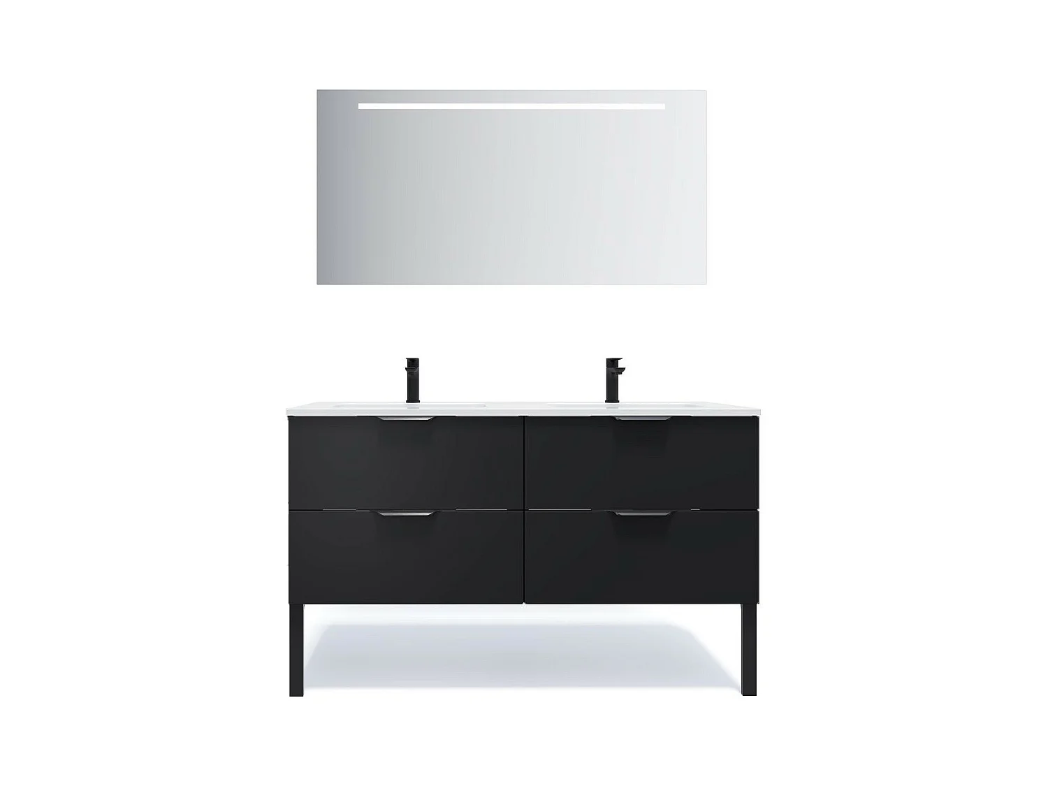 Meuble de salle de bain suspendu double vasque intégrée 140cm 4 tiroirs Noir + miroir - Soho