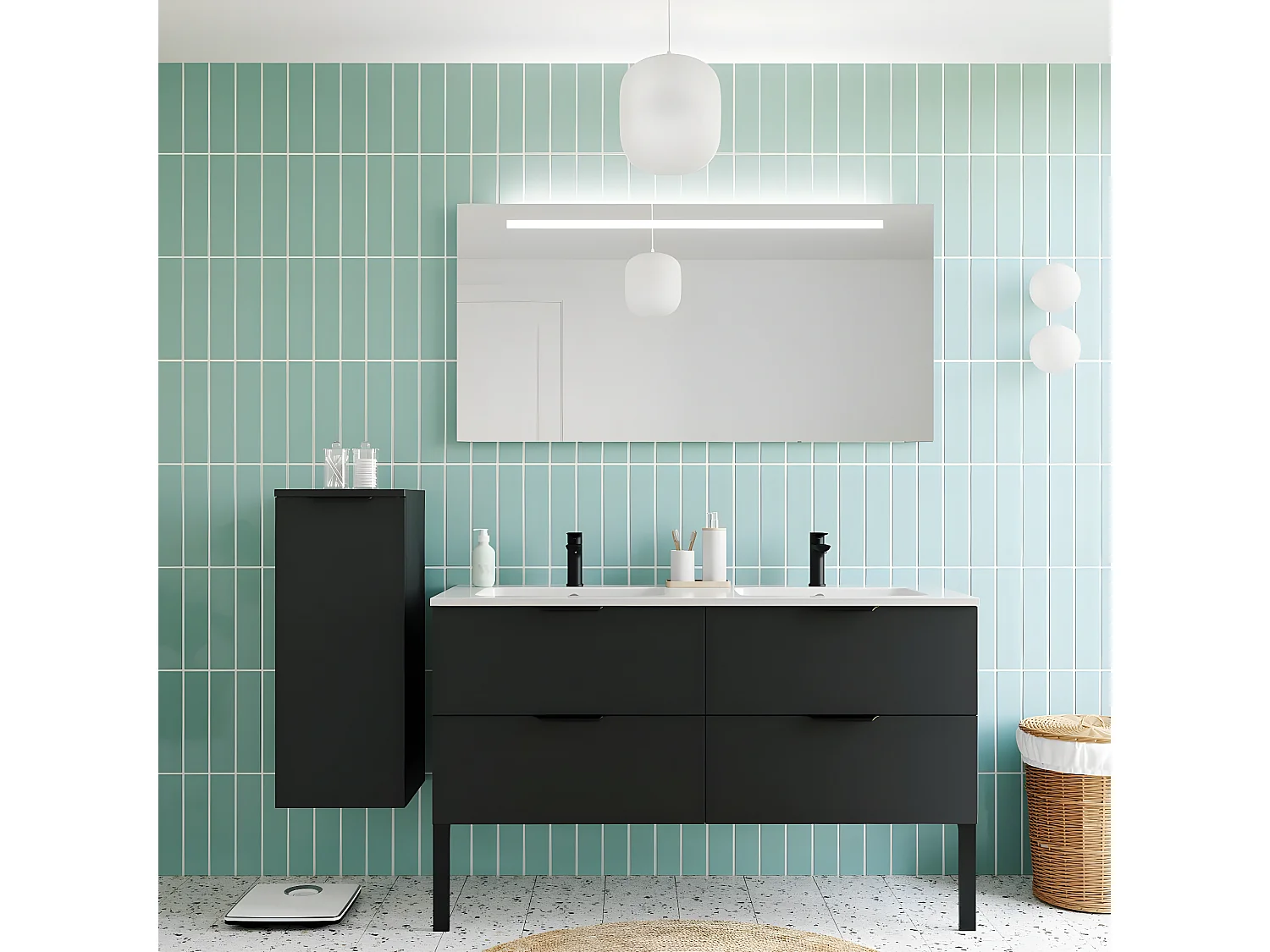 Meuble de salle de bain suspendu double vasque intégrée 140cm 4 tiroirs Noir + miroir - Soho