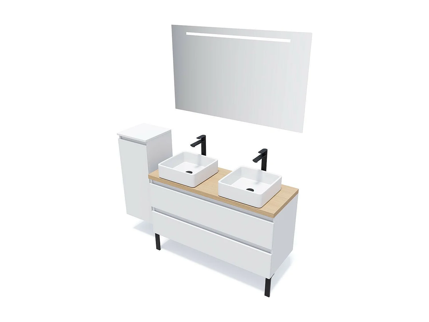 Meuble de salle de bain suspendu 2 vasques à poser 120cm 2 tiroirs Blanc + miroir - Hudson