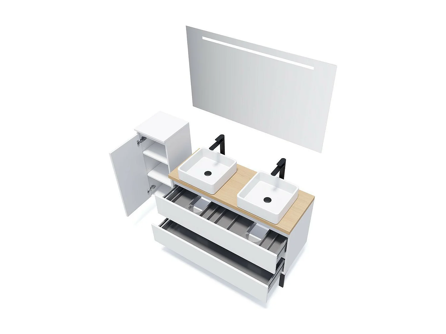 Meuble de salle de bain suspendu 2 vasques à poser 120cm 2 tiroirs Blanc + miroir - Hudson