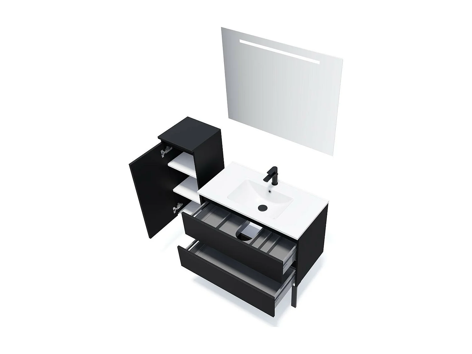 Meuble de salle de bain suspendu vasque intégrée 90cm 2 tiroirs Noir + miroir - Hudson