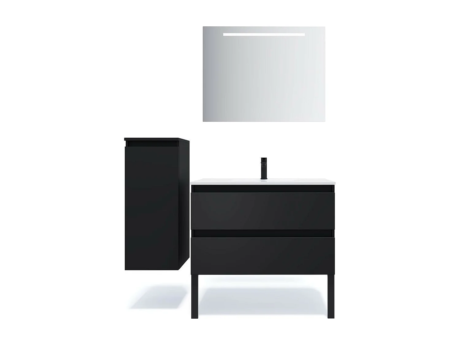 Meuble de salle de bain suspendu vasque intégrée 90cm 2 tiroirs Noir + miroir - Hudson