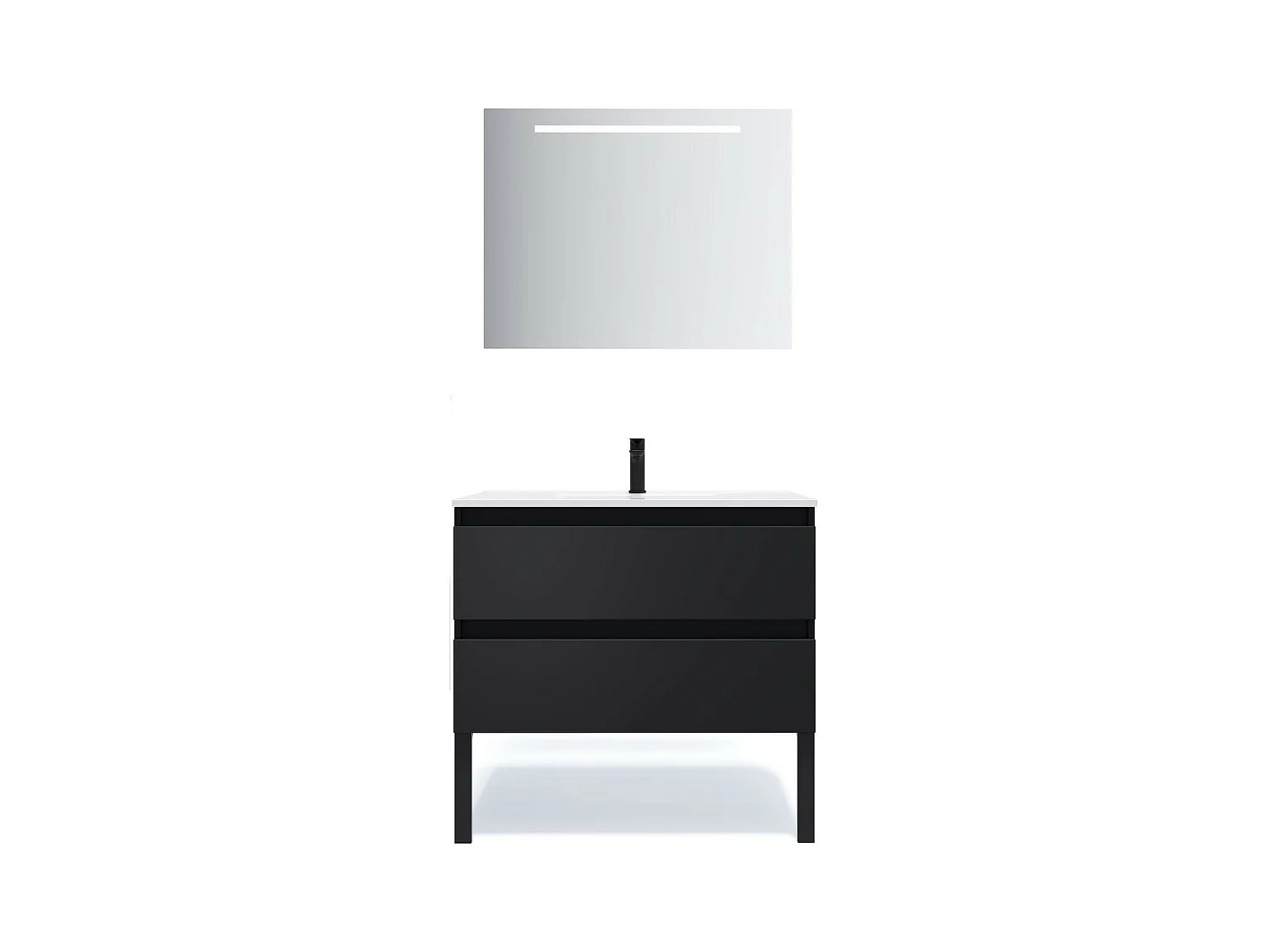 Meuble de salle de bain suspendu vasque intégrée 90cm 2 tiroirs Noir + miroir - Hudson